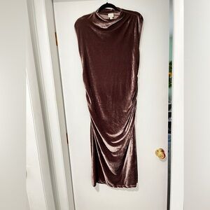 Warm neutral color, velvet, form fitting dress with rouching on the sides, L
